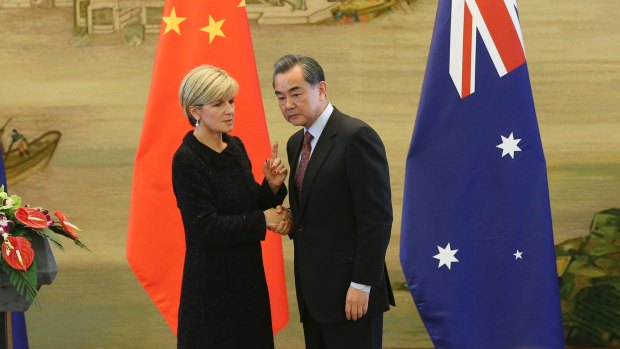 Australian Foreign Minister Julie Bishop meets Chinese Foreign Minister Wang Yi in Beijing in February 2016.