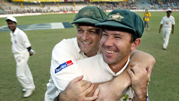 Ricky Ponting and Adam Gilchrist celebrate victory over India in 2004.