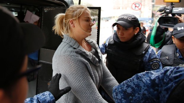 Cassandra Sainsbury arrives at court in Bogota in July.