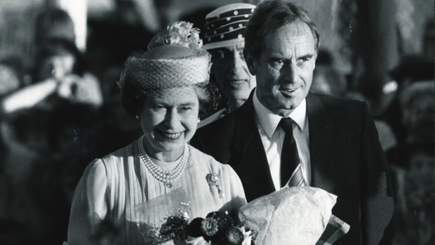 The Queen is welcomed by the Premier, John Cain, at Tullamarine. 