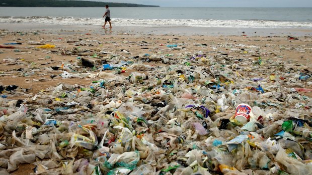 Plastic waste on the shore of Kedonganan Beach in Bali, Indonesia. 