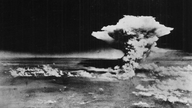 The plume of smoke from a  mushroom cloud billow, about an hour after the nuclear bomb was detonated above Hiroshima on August 6, 1945. 