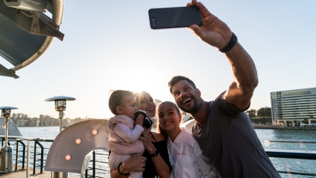 Sam Wood, fiancee Snezana Markoski and daughters Eve and Willow at the launch of his new updated fitness app, 28 on Wednesday.