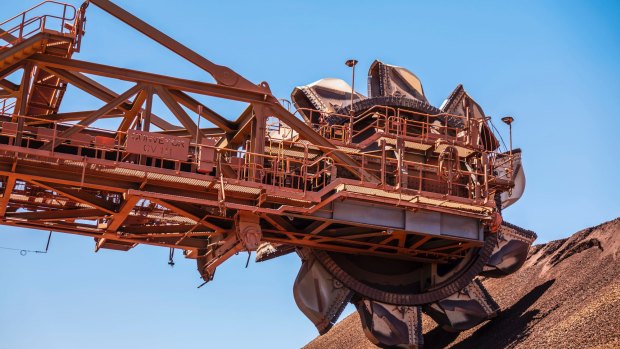 A reclaimer at the ore stockpile at the BHP Jimblebar mine.