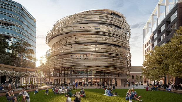 The Exchange, a mixed-use building at the heart of Lendlease’s Darling Square precinct designed by Japanese architecture firm Kengo Kuma and Associates.