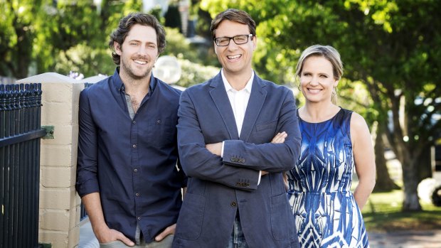 Andrew Winter, centre, with Selling Houses Australia co-hosts Charlie Albone and Shaynna Blaze.