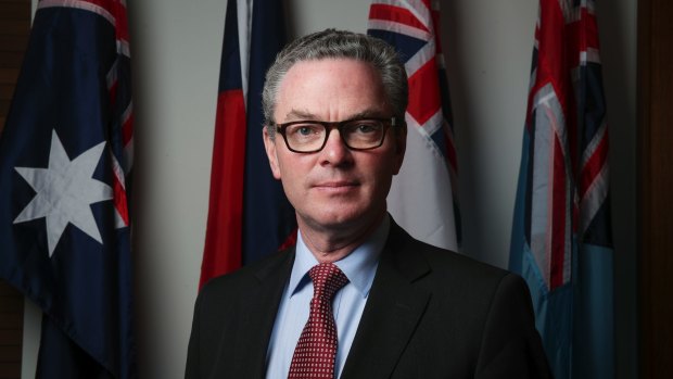 Portrait of Minister for Defence Christopher Pyne in his office at Parliament House in Canberra in 2018.