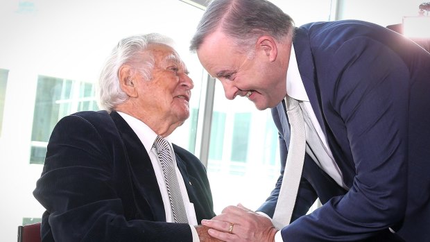 Former prime minister Bob Hawke with  Anthony Albanese at the launch of the book Albanese: Telling it Straight.