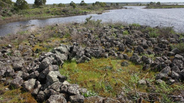 The remains of an ancient Indigenous stone house at Lake Condah, part of the Budj Bim landscape, that on Saturday received a World Heritage Listing.