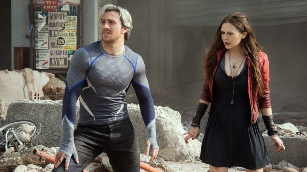 Pietro Maximoff (Aaron Taylor-Johnson) and Wanda Maximoff (Elizabeth Olsen) in Avengers: Age of Ultron.