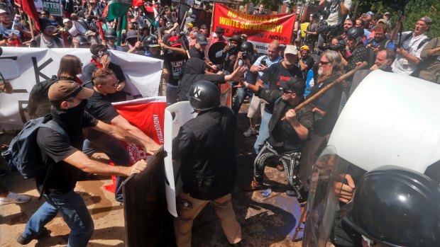 White nationalist demonstrators clash with counter demonstrators in Charlottesville, Virginia, in August 2017.
