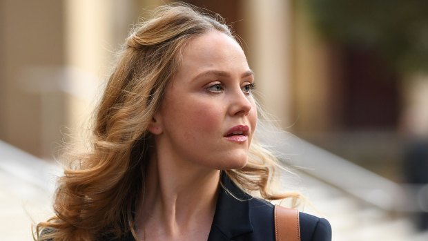 Actor Eryn Jean Norvill leaves the Federal Court in Sydney, where she has given evidence in a defamation trial brought by Geoffrey Rush against Nationwide News.