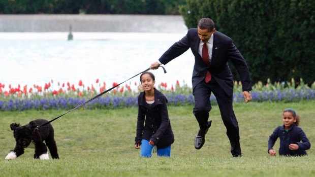 Former president Barack Obama with daughters Malia (left) and Sasha and Portuguese water dog Bo at the White House in 2009.