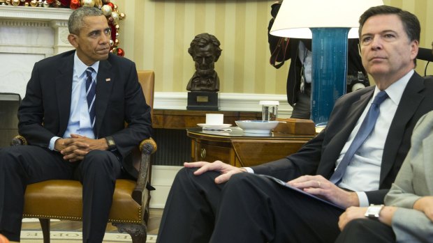 Encryption unresolved. US President Barack Obama and FBI director James Comey in the Oval Office of the White House after the San Bernardino massacre. 