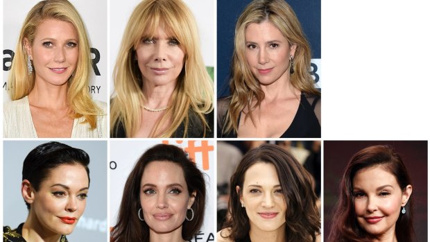 This combination photo shows actresses, top row from left, Gwyneth Paltrow, Rosanna Arquette, Mira Sorvino and bottom row from left, Rose McGowan, Angelina Jolie Pitt, Asia Argento and Ashley Judd, who are among the many women who spoke out against Harvey Weinstein in on-the-record reports that detailed claims of sexual abuse. 