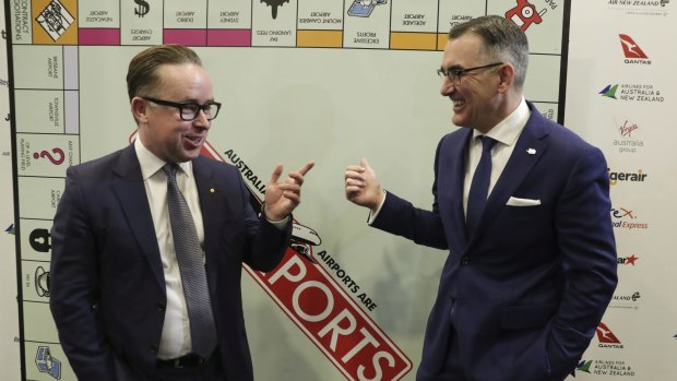 Qantas CEO Alan Joyce and Virgin Australia Group CEO Paul Scurrah, in Canberra in September arguing for tighter regulation of airports. 
