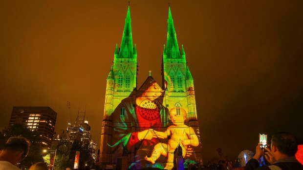 Christmas lights at St Mary's Cathedral in Sydney, 2018