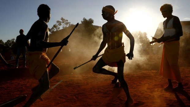 Gumatj clan ceremonial leaders performing the Gurtha ceremony at the opening ceremony of the First Nations National Convention held in Uluru in 2017.