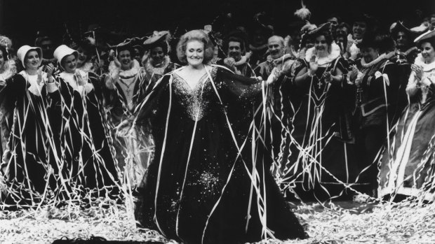 Dame Joan Sutherland covered in streamers after her final performance at the Sydney Opera House.
