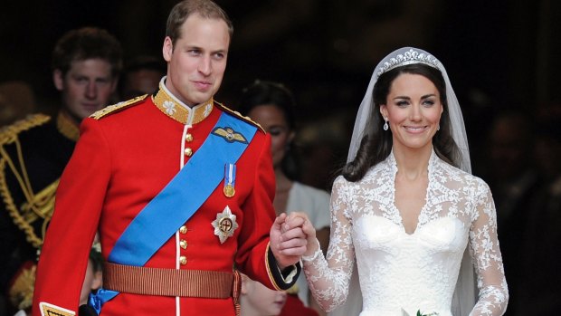 The Duke and Duchess of Cambridge during their Royal Wedding in 2011. Middleton's dress was created by English designer Sarah Burton, creative director of the luxury fashion house Alexander McQueen.