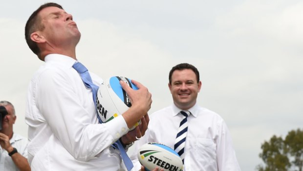 Then NSW Premier Mike Baird at Penrith Panthers announcing $12 million for the western Sydney community and sports centre at Penrith Panthers in March 2015.