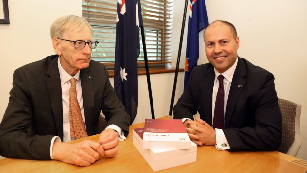 Commissioner Kenneth Hayne and Treasurer Josh Frydenberg (right) in February 2019.