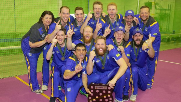 The ACT Rockets with the 2017 Cricket Australia national indoor championship shield.