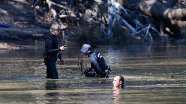 Divers searching for the child's body at the Murray River near Moama.