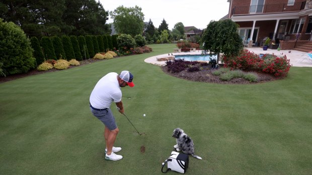 Marc Leishman hits the ball to the green in his backyard while his dog Doc looks on in Virginia Beach. 