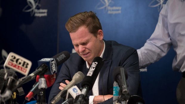 The crying game: Former Australian captain Steve Smith addresses the media in the wake of the cheating scandal in South Africa.