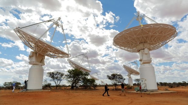 The Australian Square Kilometre Array Pathfinder radio telescope array stretches across the landscape at Boolardy station in Western Australia.
