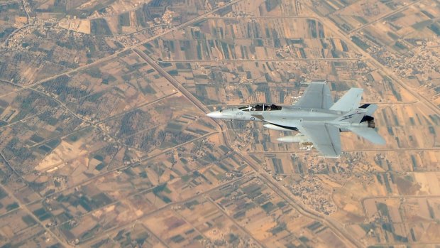 A Royal Australian Air Force F/A-18F Super Hornet over Iraq as part of Operation OKRA.