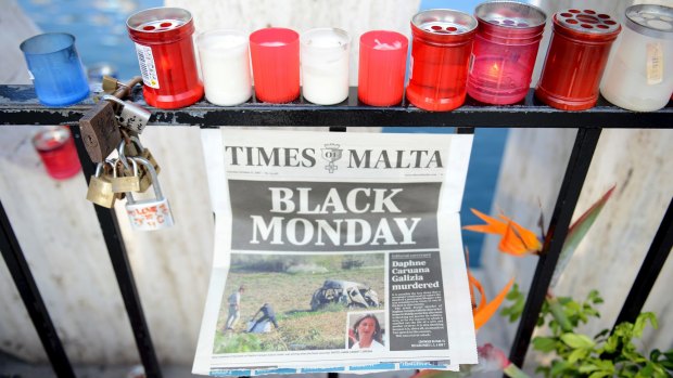 Tributes to slain journalist investigative journalist Daphne Caruana Galizia at St Julian's Love Monument in Malta. 