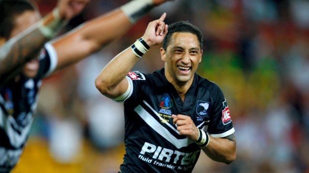 Glory days: Benji Marshall celebrating a victory with the Kiwis in the 2008 World Cup final,