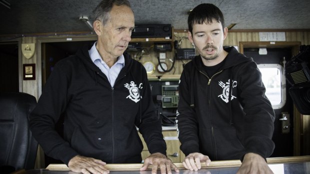 Environmentalist and former Greens leader Bob Brown with Peter Hammarstedt on the Bob Barker. 