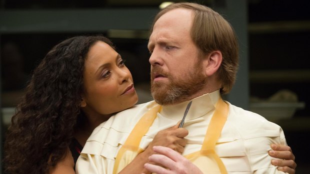 Thandie Newton as Maeve and Ptolemy Slocum as Sylvester in <i>Westworld</i>.