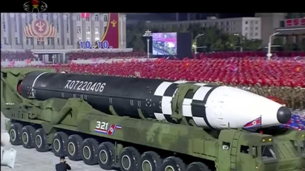 This image from North Korea's KRT broadcaster shows what appears to be a new intercontinental ballistic missile being paraded at Kim Il-sung Square in Pyongyang on October 10.