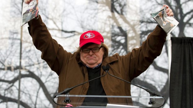 Film director Michael Moore speaking at the Women's March in Washington D.C. in 2017.