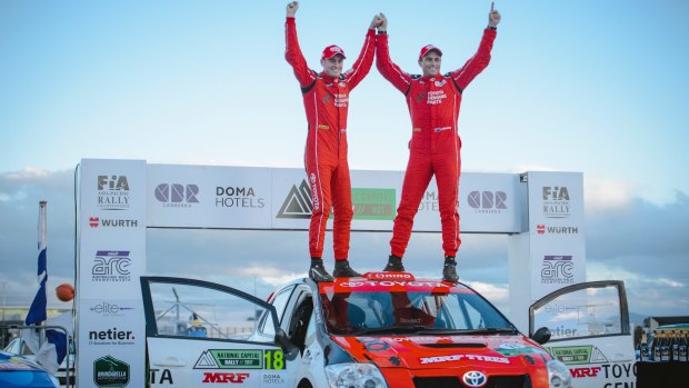 Canberran Harry Bates and Queenslander John McCarthy celebrate their victory in the National Capital Rally last year.