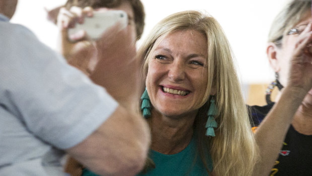 Fiona Patten celebrates after retaining her Upper House seat. 