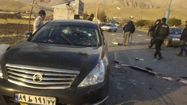 This photo, released by the semi-official Fars News Agency, shows the scene where Mohsen Fakhrizadeh was killed.