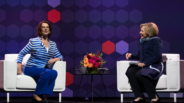Hillary Rodham Clinton and Julia Gillard speak as part of The Growth Faculty's Women World Changers speaker series. 