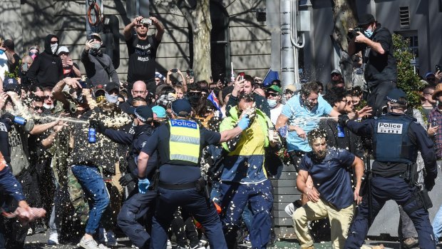 An anti-lockdown protest in Melbourne on Saturday.