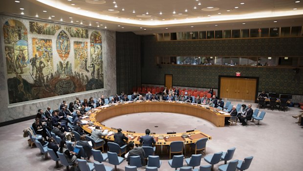 The United Nations Security Council meets at UN Headquarters in March 2018.