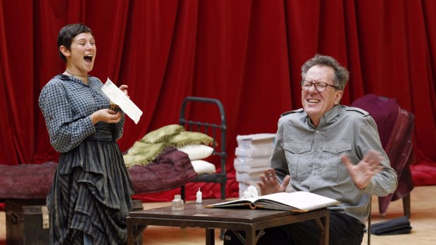 Yael Stone and Geoffrey Rush in 2010 during rehearsals for The Diary of a Madman.