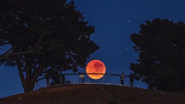 The blood moon seen from the National Arboretum, Canberra, on Saturday, July 28, 2018.