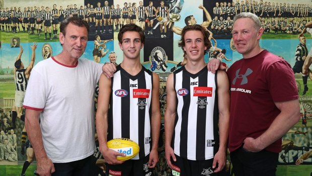Generation game: father-son draftees Callum Brown and Josh Daicos with their dads and Magpie legends Peter Daicos and Gavin Brown at Magpie HQ.