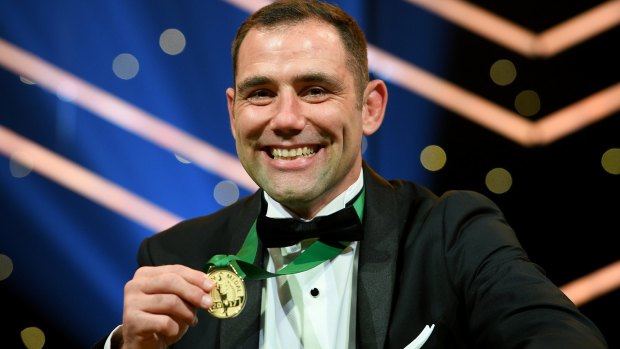The name that will never die: The highest award in the game, the Dally M Medal, is named after Dally Messenger. Cameron Smith is pictured with last year's award.