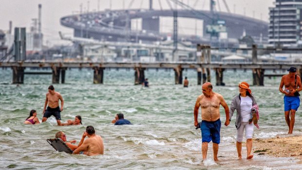 Seeking relief from the hot weather at Port Melbourne beach in January.