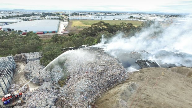 The fire at the SKM plant in Coolaroo where tonnes of recycling had been stockpiled. 
